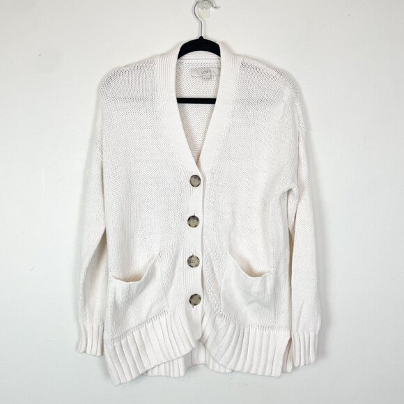 LOFT Sweaters - Loft Womens XS White Relaxed V Neck Cardigan Oversized Boxy Sweater Basic Staple